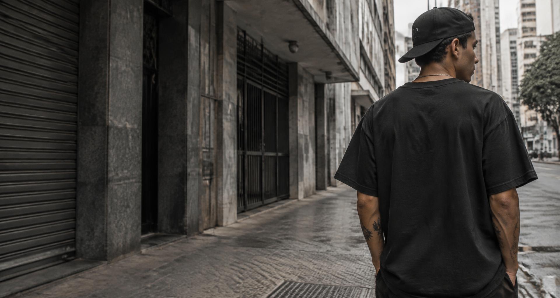 Modelo vestindo camiseta oversized RICO016 na rua